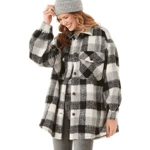 CLEO Shacket W’s S Green Cream Lined Plaid Shirt Jacket Midi Boho Casual Scandi